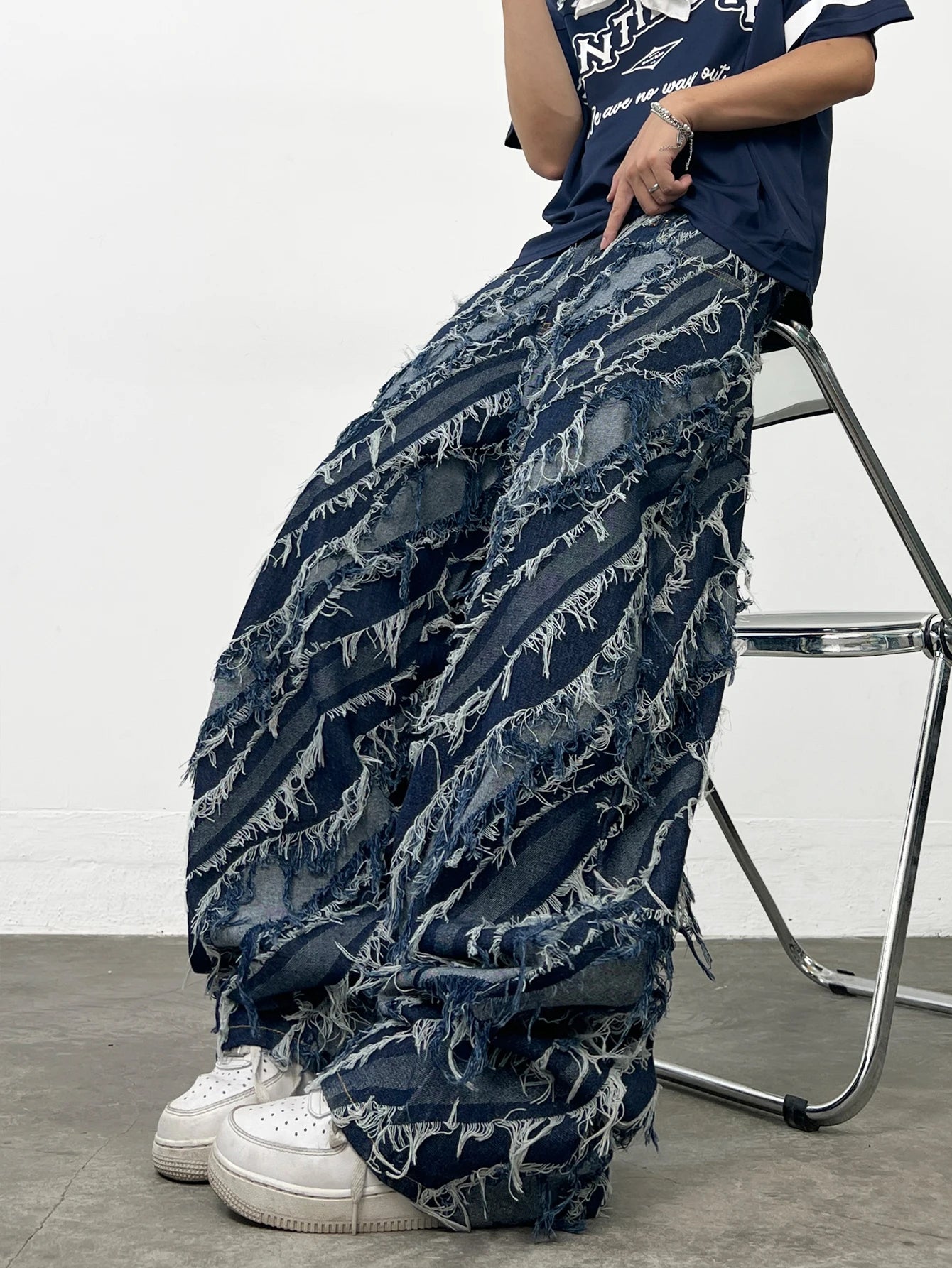 American-Style Trendy Brand Blue Wave Twill Men's Loose Jeans Y2K Street Fashion Frayed Tassel Design Wide-Leg Pants