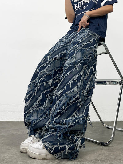 American-Style Trendy Brand Blue Wave Twill Men's Loose Jeans Y2K Street Fashion Frayed Tassel Design Wide-Leg Pants