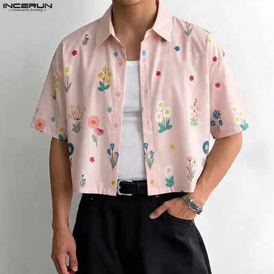 INCERUN Men Shirt Flower Printed Lapel Short Sleeve Button Men Clothing Summer Loose 2026 Vacation Fashion Casual Male Crop Tops