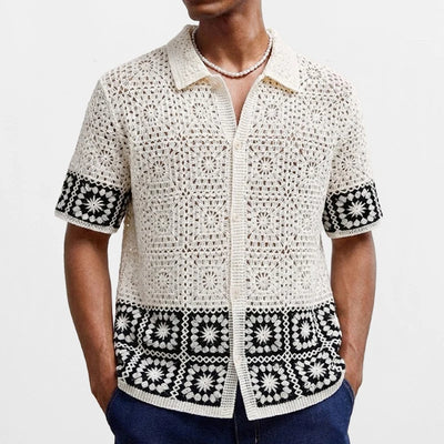 Retro Men's Summer Crochet Short Sleeve Shirts Fashion Hollow Out Knitted Polo Shirts High Quality Jacquard Cardigan Tops SY0069