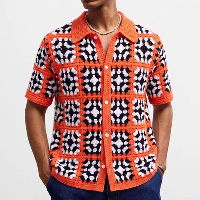 Retro Jacquard Polo Shirts Summer Men's Hollow Out Short Sleeve Casual Cardigan Ethnic Style Crochet Knitted Tops Man Streetwear
