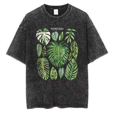 Monstera Leaves Graphic T-Shirt Washed Cotton Men Women Vintage Acid Wash Short Sleeve Retro Botanical Streetwear Tee