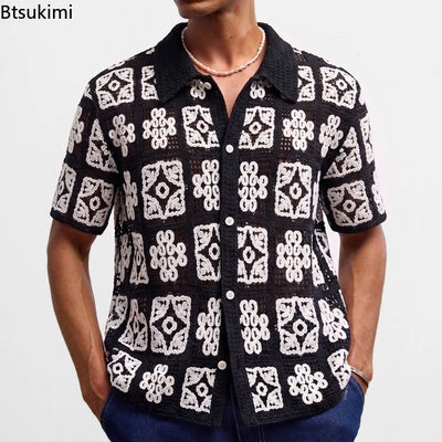 Retro Jacquard Polo Shirts Summer Men's Hollow Out Short Sleeve Casual Cardigan Ethnic Style Crochet Knitted Tops Man Streetwear