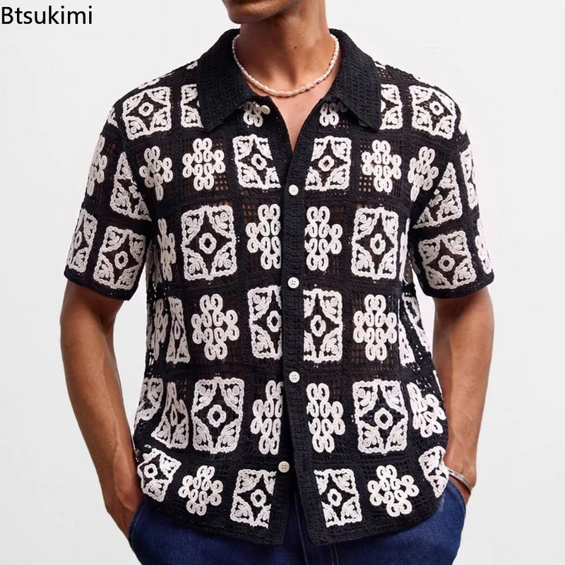 Retro Jacquard Polo Shirts Summer Men's Hollow Out Short Sleeve Casual Cardigan Ethnic Style Crochet Knitted Tops Man Streetwear