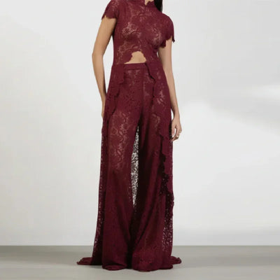 Soft Elegant 2pc Outfit Stylish Minimalist Sheer Lace Crop Top Pants Women Bridesmaid Vocation Summer Night Out Outfits