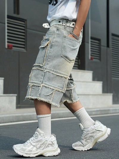 Men's Light‑Blue Spliced Denim Bermuda Shorts / Raw‑Edge Fringed Multi‑Pocket Deconstructed Street‑Style Loose Denim Shorts