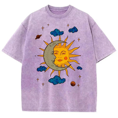 Men's Moon and Sun Printed T-shirt Oversized Short Sleeved Retro Washed Shirt Summer Top