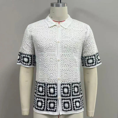 Retro Men's Summer Crochet Short Sleeve Shirts Fashion Hollow Out Knitted Polo Shirts High Quality Jacquard Cardigan Tops SY0069