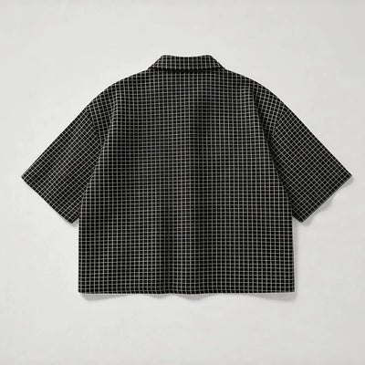 Trendy Men's Cropped Grid Shirts Short Sleeve Loose Fit Casual Streetwear Top with Red Label Detail 2026 Summer New Blouse S-XL