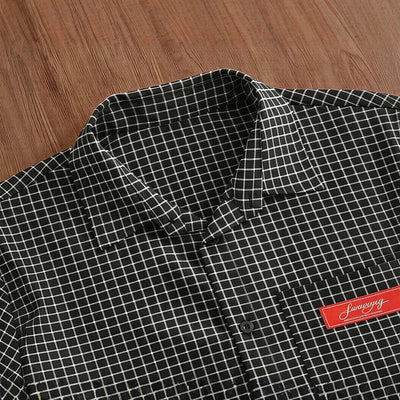 Trendy Men's Cropped Grid Shirts Short Sleeve Loose Fit Casual Streetwear Top with Red Label Detail 2026 Summer New Blouse S-XL