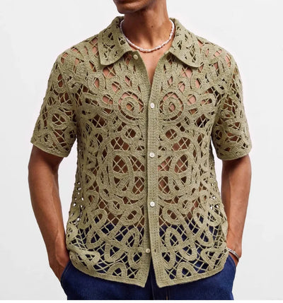 Retro Jacquard Polo Shirts Summer Men's Hollow Out Short Sleeve Casual Cardigan Ethnic Style Crochet Knitted Tops Man Streetwear