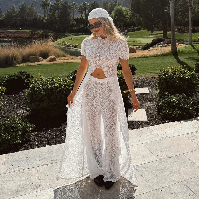Soft Elegant 2pc Outfit Stylish Minimalist Sheer Lace Crop Top Pants Women Bridesmaid Vocation Summer Night Out Outfits