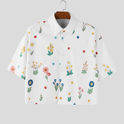 INCERUN Men Shirt Flower Printed Lapel Short Sleeve Button Men Clothing Summer Loose 2026 Vacation Fashion Casual Male Crop Tops