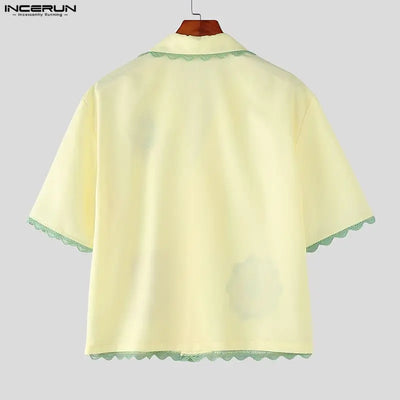 INCERUN Men's Shirt Printing Lace Patchwork Lapel Short Sleeve Male Tops Camisa Streetwear Loose 2026 Stylish Casual Men Clothes