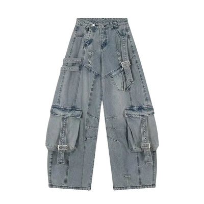 2025 Cyber Y2K Streetwear Washed Blue Baggy Ripped Cargo Jeans Pants For Men Clothing Wide Leg Vintage Loose Punk Denim Trousers