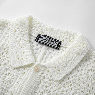 Retro Men's Summer Crochet Short Sleeve Shirts Fashion Hollow Out Knitted Polo Shirts High Quality Jacquard Cardigan Tops SY0069