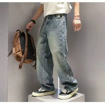 American High Street Fashion Brand Loose Straight Leg Denim Pants for Men, with Patchwork Design and Wide Leg Curved Knife Pants