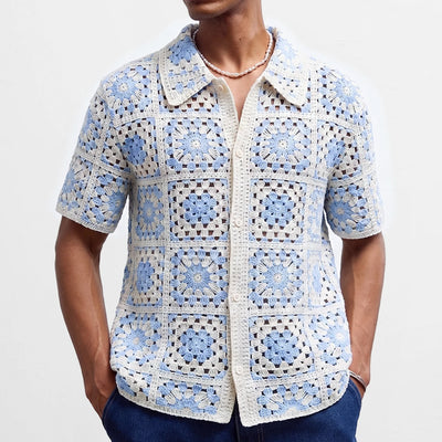 Retro Jacquard Polo Shirts Summer Men's Hollow Out Short Sleeve Casual Cardigan Ethnic Style Crochet Knitted Tops Man Streetwear
