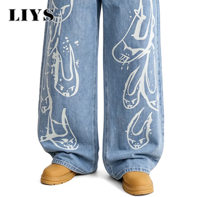 LIYS Men's Y2K Gothic Graffiti Print Baggy Ultra Wide Leg Jeans Hip Hop Streetwear Loose Casual Skater Denim Pants Unisex