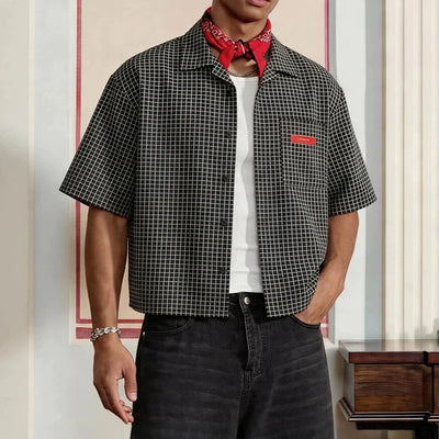 Trendy Men's Cropped Grid Shirts Short Sleeve Loose Fit Casual Streetwear Top with Red Label Detail 2026 Summer New Blouse S-XL