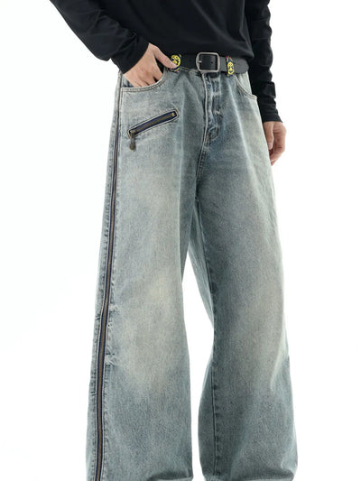 American Style Plaid Denim Pants Men Summer Trendy Wide Leg Straight Cut Floor Length Trousers Retro Patchwork Jeans