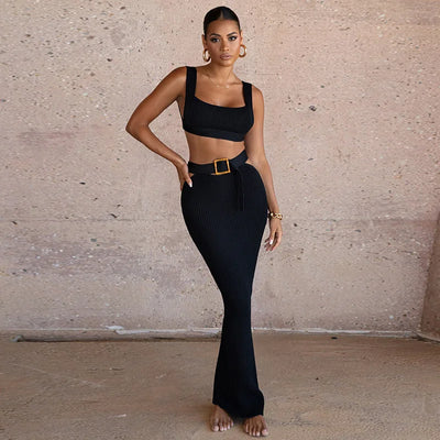 2026 SUMMER NEW WOMEN'S SEXY SLIMMING BODYCAMISOLE TOP WITH BELT, ELEGANT VACATION STYLE SKIRT TWO-PIECE SET