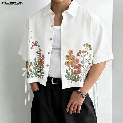 INCERUN Men Shirt Flower Printing Lapel Short Sleeve Summer Men Clothes Streetwear Loose 2026 Fashion Casual Tops Shirts For Man