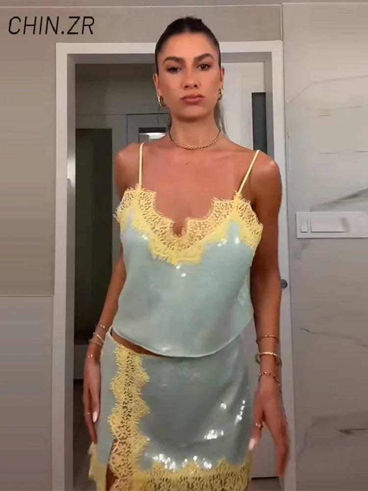 Sexy Lace Sequined Women's Skirt Sets V-neck Backless Cropped Sling Tops Mini A-line Skirt 2026 Summer Lady Beach Party Suits