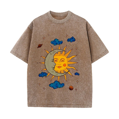 Men's Moon and Sun Printed T-shirt Oversized Short Sleeved Retro Washed Shirt Summer Top