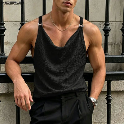 INCERUN Men's Tank Tops Solid Color Sleeveless Pleated Summer Male Vests Streetwear Tops 2026 Fashion Casual Men Clothes S-5XL