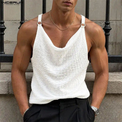 INCERUN Men's Tank Tops Solid Color Sleeveless Pleated Summer Male Vests Streetwear Tops 2026 Fashion Casual Men Clothes S-5XL