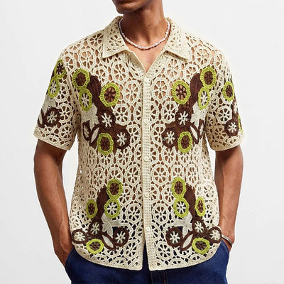 Spring Summer Seaside Beach Casual Shirts Mens Vintage Embroidery Knitting Hollow Out Shirt Stylish Buttoned Lapel Cardigan Tops