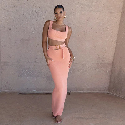 2026 SUMMER NEW WOMEN'S SEXY SLIMMING BODYCAMISOLE TOP WITH BELT, ELEGANT VACATION STYLE SKIRT TWO-PIECE SET