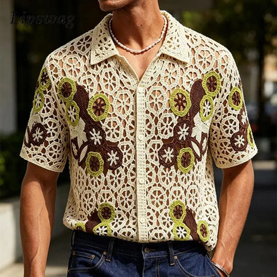 Spring Summer Seaside Beach Casual Shirts Mens Vintage Embroidery Knitting Hollow Out Shirt Stylish Buttoned Lapel Cardigan Tops