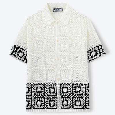 Retro Men's Summer Crochet Short Sleeve Shirts Fashion Hollow Out Knitted Polo Shirts High Quality Jacquard Cardigan Tops SY0069