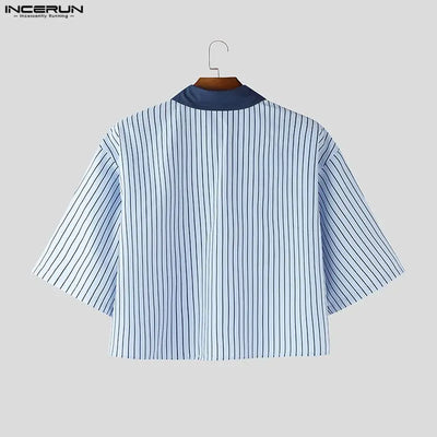 INCERUN Men's Shirt Striped Patchwork Color-block Lapel Half Sleeve Menswear Clothing Streetwear Loose 2026 Camisa Fashion Tops