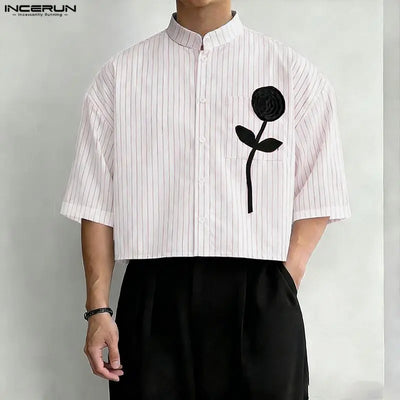 INCERUN Men Shirt Striped Patchwork Stand Collar Short Sleeve Crop Tops For Man Summer Streetwear Loose 2026 Fashion Men Clothes