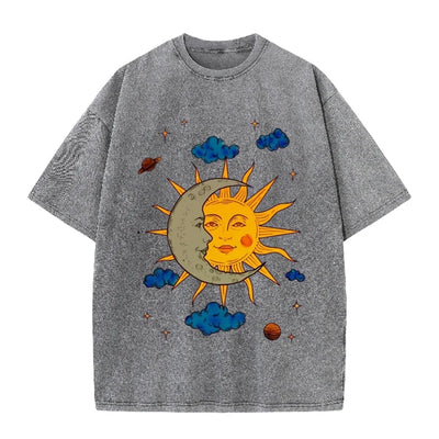 Men's Moon and Sun Printed T-shirt Oversized Short Sleeved Retro Washed Shirt Summer Top