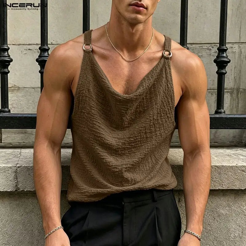 INCERUN Men's Tank Tops Solid Color Sleeveless Pleated Summer Male Vests Streetwear Tops 2026 Fashion Casual Men Clothes S-5XL