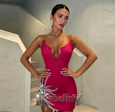 Kybeliny Modern Mini Homecoming Dresses for Women with V-neck Rhinestones Sleeveless Sheath Abendkleider Party Customized