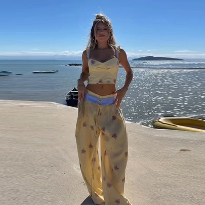 Floral Print Sweetheart Cami Crop Top Lace Up Wide Leg Pants 2026 Autumn Women Two Piece Outfit Street Ladies Casual Suit