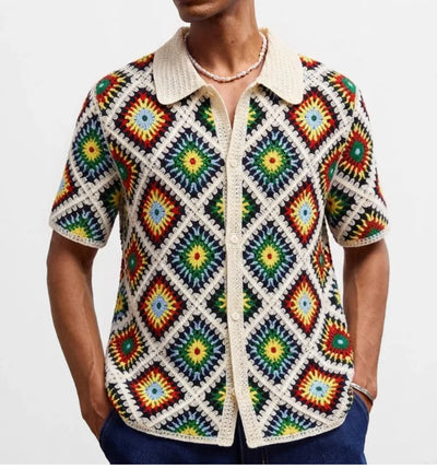 Retro Jacquard Polo Shirts Summer Men's Hollow Out Short Sleeve Casual Cardigan Ethnic Style Crochet Knitted Tops Man Streetwear