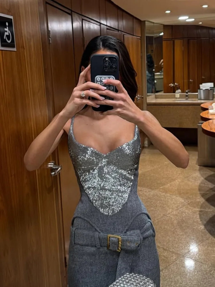 Glitter Panel Spaghetti Strap Corset Bodysuit Set Slim Shimmer Top Belted Midi Skirt 2026 Fashion Chic Elegant Party Women Suit