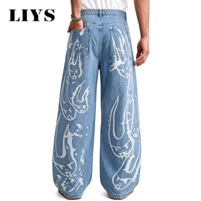 LIYS Men's Y2K Gothic Graffiti Print Baggy Ultra Wide Leg Jeans Hip Hop Streetwear Loose Casual Skater Denim Pants Unisex
