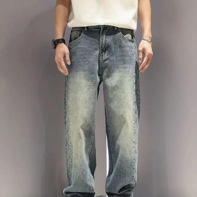 American High Street Fashion Brand Loose Straight Leg Denim Pants for Men, with Patchwork Design and Wide Leg Curved Knife Pants