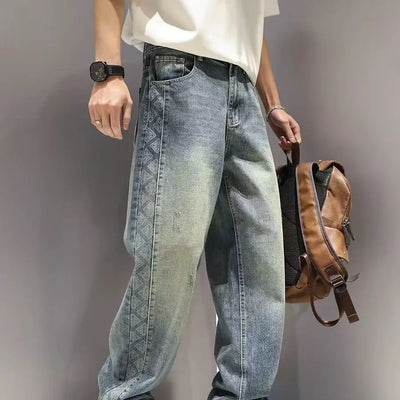 American High Street Fashion Brand Loose Straight Leg Denim Pants for Men, with Patchwork Design and Wide Leg Curved Knife Pants