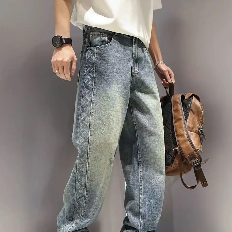 American High Street Fashion Brand Loose Straight Leg Denim Pants for Men, with Patchwork Design and Wide Leg Curved Knife Pants