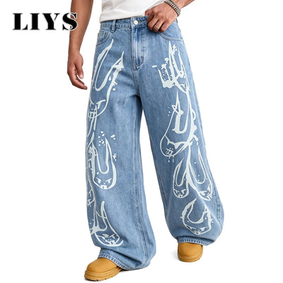 LIYS Men's Y2K Gothic Graffiti Print Baggy Ultra Wide Leg Jeans Hip Hop Streetwear Loose Casual Skater Denim Pants Unisex