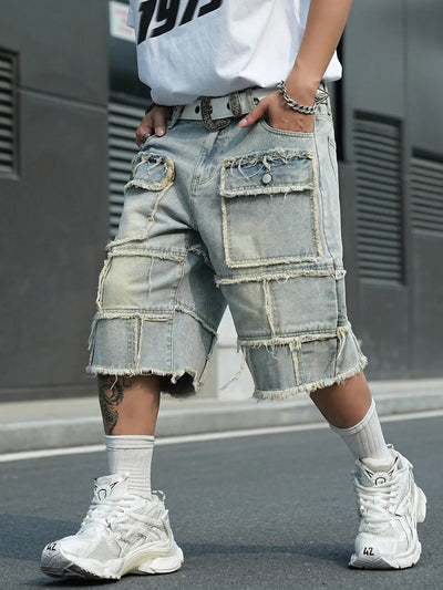 Men's Light‑Blue Spliced Denim Bermuda Shorts / Raw‑Edge Fringed Multi‑Pocket Deconstructed Street‑Style Loose Denim Shorts