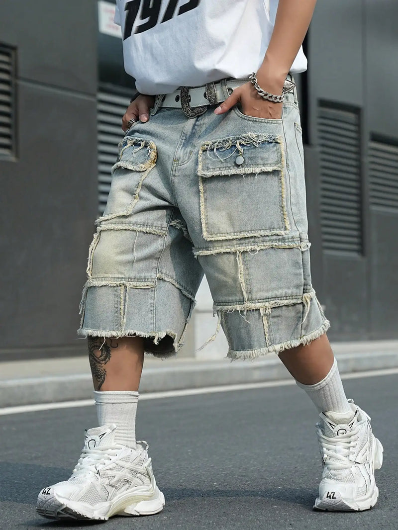 Men's Light‑Blue Spliced Denim Bermuda Shorts / Raw‑Edge Fringed Multi‑Pocket Deconstructed Street‑Style Loose Denim Shorts